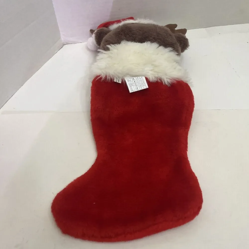 Teddy Bear Christmas Stocking Plush 3/D Hanging Reindeer Antlers